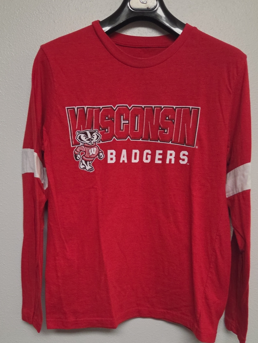 Wisconsin Badgers Red Long-Sleeve Tee with White Sleeve Stripes